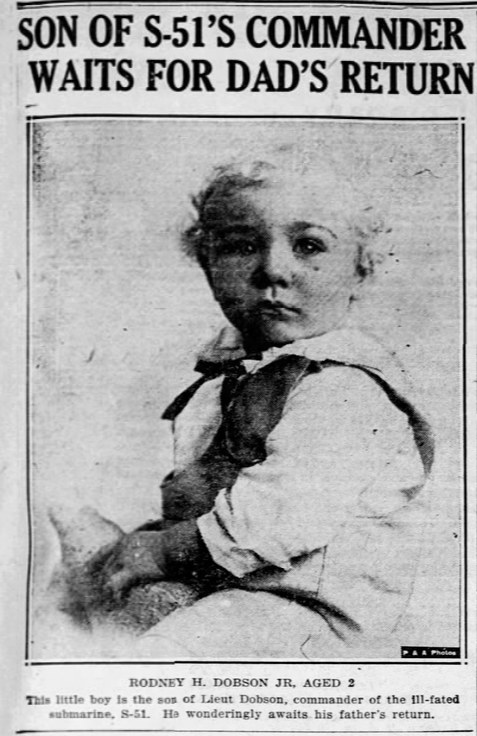 Newspaper clipping: Son of S-51's Commander Waits for Dad's Return, Rodney H. Dobson Jr., aged two