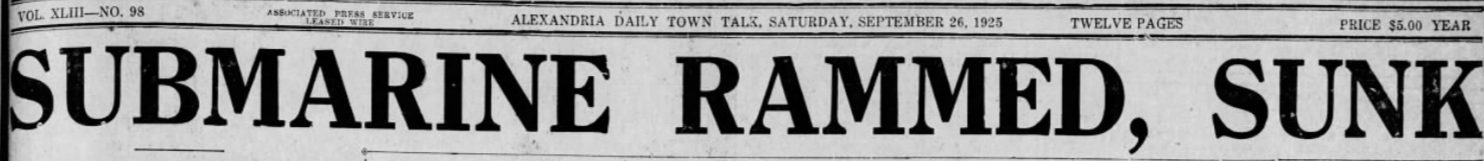 1925 newspaper headline: Submarine rammed, sunk